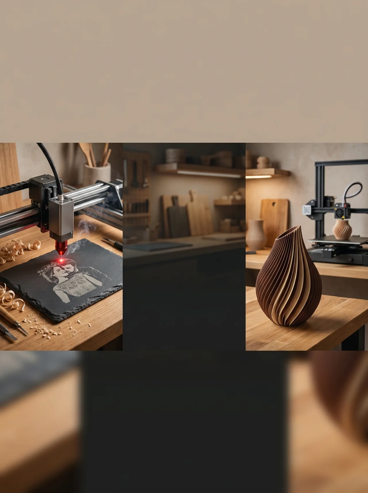 Werkstatt-Impressionen: Lasergravur eines Fotomotivs auf Schiefer, Materialregal mit Holzbrettern, 3D-Drucker beim Druck einer Holzmaser-Vase
